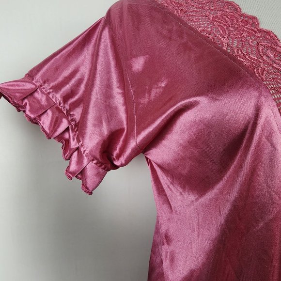 Vintage Soft Touch Night Wear Silky Satin Lace Robe Short Flutter Sleeve Belt - Picture 4 of 9
